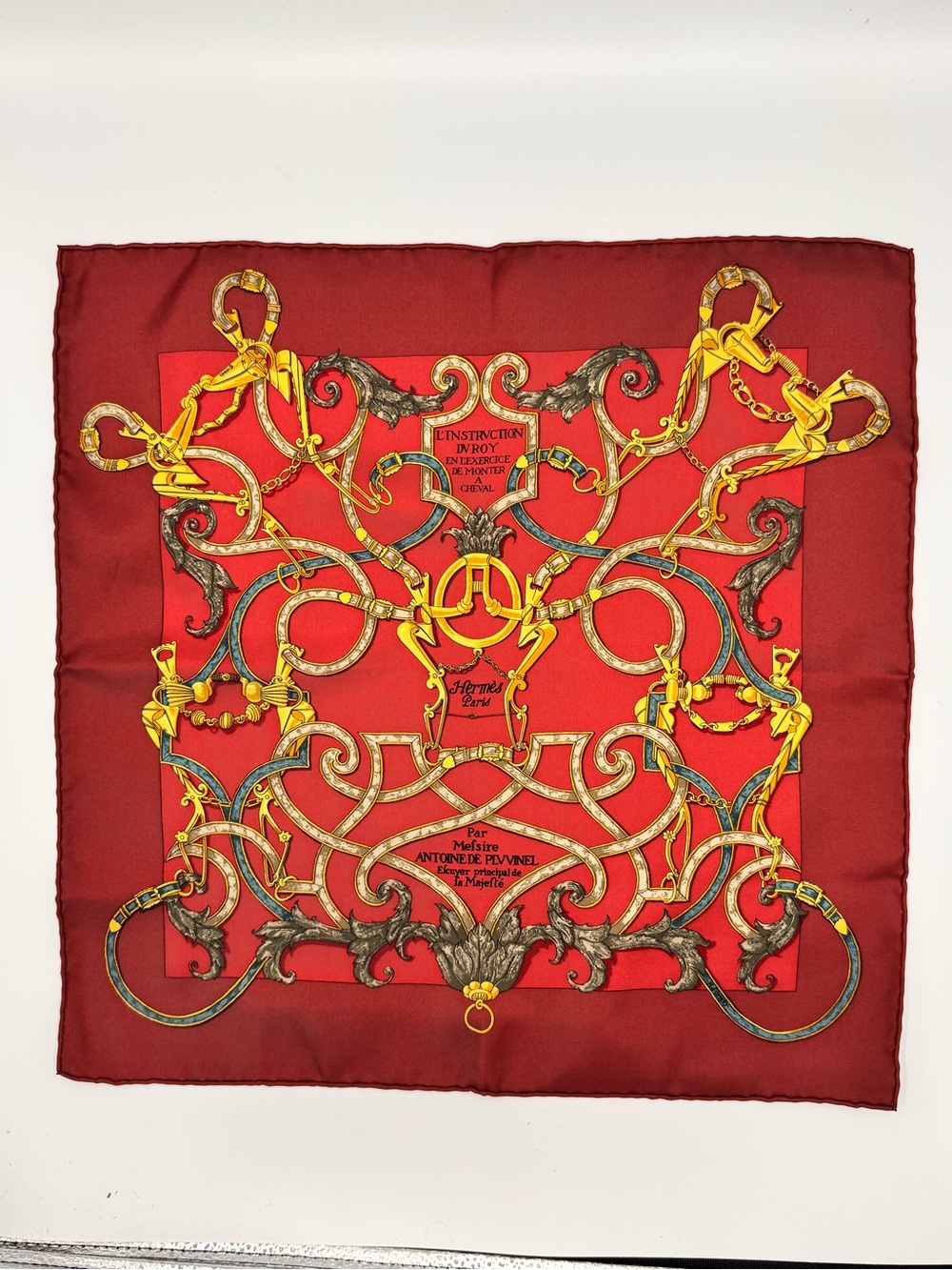 Authentic Hermès Mefsire Antoine de Plvvinel Carré 90 Silk Scarf Red Equestrian